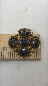 lot 92 image: Ornamental Brooch Pin with Blue Red Green Enamel Floral Design
