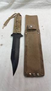 lot 144 image: Fixed Blade Knife with Paracord Wrapped Handle and Sheath