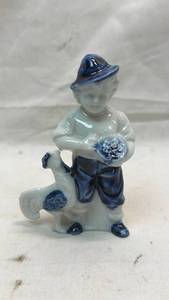 lot 157 image: Blue and White Porcelain Boy Figurine Feeding a Chicken