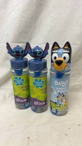 lot 178 image: Disney Stitch and Bluey Bubble Solution Bottles with Wands 8 fl oz 3-Pack