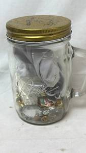 lot 188 image: Glass Jar with Brass Lid and Mixed Metal Jewelry Contents