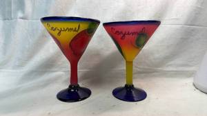 lot 245 image: Cozumel 2 Hand-Painted Margarita Glasses with Fruit Motif