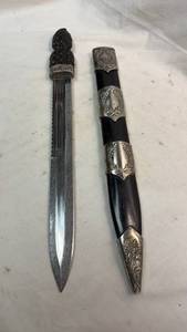 lot 254 image: Scottish Dirk Dagger with Scabbard  - Basket-Weave Handle Engraved Mounts approx 12in Blade