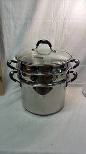 lot 266 image: Tramontina 5-Piece Stainless Steel 8 qt Steamer Pot Set with Glass Lids