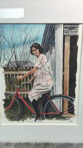 lot 283 image: Original Artwork by Darren Parker Girl on Bike Signed, Limited Edition Watercolor 520 in a 17x14 Frame