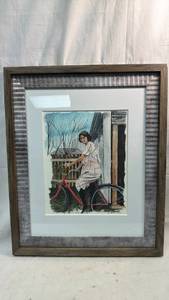 lot 285 image: Original Artwork by Darren Parker Girl on Bike Signed, Limited Edition Watercolor 420 in a 17x14 Frame