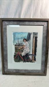lot 288 image: Original Artwork by Darren Parker Girl on Bike Signed, Limited Edition Watercolor 220 in a 17x14 Frame