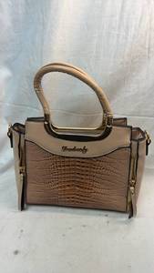 lot 304 image: Beige Danbaoly Structured Satchel w Faux Crocodile Skin Pattern and Gold-Tone Hardware