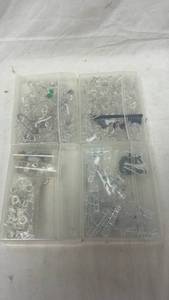 lot 340 image: Assorted Push Pins, Clips & Small Jewelry Hardware- 4 Plastic Storage Boxes