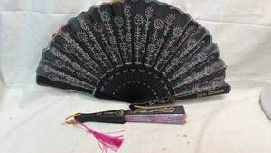 lot 351 image: Folding Fan Lot 2 Pieces Black Handle Decorated Fabric
