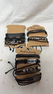 lot 383 image: Fashion Jewelry Braided Leather Bracelets with Charms - 9-Piece Set