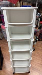 lot 442 image: 4�� White Plastic Storage Tower - 6-Bin Organizer Cart with Casters