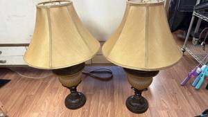 lot 449 image: Pair of 32 Table Lamps with Cream Shades and Decorative Bases