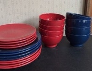 lot 1000 image: Vista Alegre Red and Blue Dinnerware 4 Salad Plates, 8 Dinner plates and 8 Bowls (one red with flaw on rim)