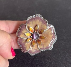 lot 1010 image: Flower-Shaped Brooch with Amber and Purple Stone Accents