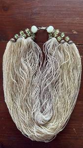 lot 1039 image: Vintage Multi-Strand Seed Beaded Necklace with White, Green and Gold Tone Accents
