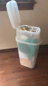lot 1050 image: Plastic Wrapping Paper Storage Container with Hinged Lid and Craft Supplies