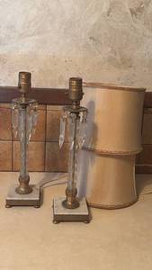 lot 1057 image: Pair of Crystal Prism Table Lamps with Brass Base - Shades Fabric is Fragile