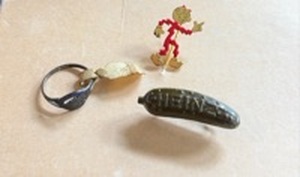lot 2002 image: Vintage Reddy Kilowatt Red Enameled & Gold Toned Stick Pin, Early Vintage Heinz Pickle Pin Plastic, World War II-Era Military Aviation Sweetheart Ring WITH Original Size Tag