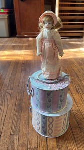 lot 2028 image: Country Collectibles 8 inch Porcelain Doll and Decorative Storage Boxes