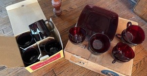 lot 2032 image: Festive Ruby Red Glassware (4) Plates (4) Teacups, (4) Coffee Cups (4) Dark Red NIB Snowy Night Mugs