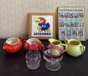lot 2040 image: KU Tile Trivet, Vintage Mismatched Glassware and Ceramics. Stations of the Cross Placard