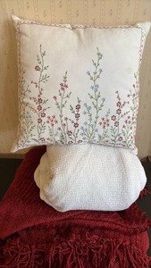 lot 2041 image: Heavy Chenille Fringed Throw, Knit Blanket with Embroidered Floral Decorative Pillow Cover