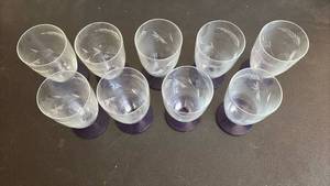 lot 2045 image: Hot Deal (9) Weston Glass Company Louie pattern (approximately 10oz) glasses, featuring distinctive etched fern design on clear glass supported by cobalt blue footed base