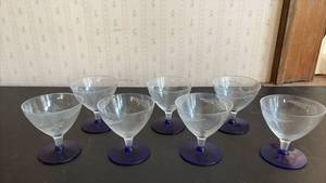lot 2046 image: Set of 7 Weston Glass Company Louie pattern Cocktail Coupe Glasses with Blue Bases and Etched Design
