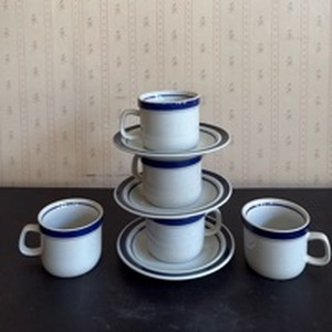 lot 2055 image: Made in Japan Blue Monterrey(5) Cups and (3) Saucers White with Blue Stripe