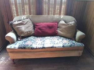 lot 5010 image: Upholstered Sofa with Rolled Arms and Legs, Reversible Cushion and Pillows