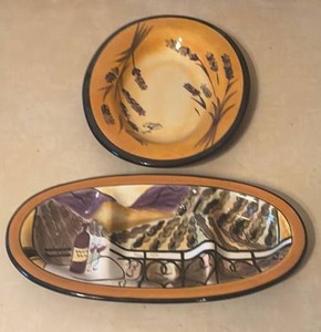 lot 4002 image: 2-Piece Decorative Bread and Wine Set Orange Black Vineyard Motif