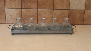 lot 4007 image: 5-Piece Glass Bottle Set with Metal Tray and Handles