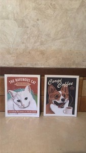 lot 4011 image: Retro Pets The Ravenous Cat Bed & Breakfast and Corgi Coffee Print Set 2, 8x10