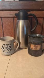 lot 4035 image: Thermal Carafe & Elk Falls Pottery Mugs