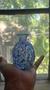 lot 4037 image: Blue and Clear Speckled Glass Vase with Pinched Neck