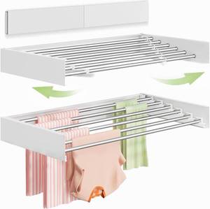 lot 11113 image: Vikaqi Wall Mounted Clothes Drying Rack, 40 inches, Foldable, 6 Rods, White