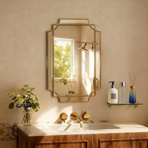 lot 11118 image: HQiJun 30x20 Inch Gold Bathroom Mirror, Wooden Frame with Beveled Glass