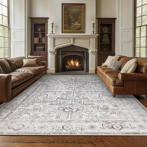 lot 11120 image: jinchan 8x10 Machine Washable Area Rug - Vintage Floral, Low Pile (Taupe)