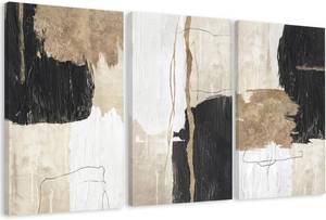 lot 11130 image: AVECCO Triptych Abstract Canvas Wall Art - Black Beige Gold, 24x36