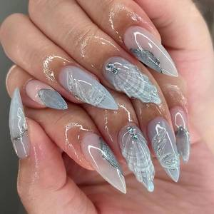 lot 11406 image: 3D Shell Press On Nails - 24pcs Medium Almond White Iridescent Rhinestones
