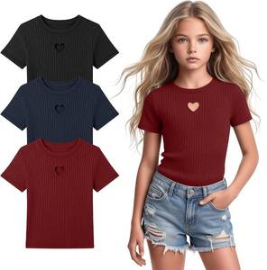 lot 11431 image: 3-Pack Girls Short Sleeve Cotton Crew Neck Ribbed Knit Slim Fit Tops 7-8