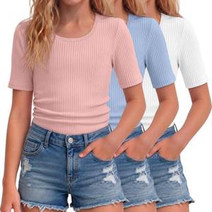 lot 11459 image: 3 Pack Girls Ribbed T-Shirts  Scoop Neck, Slim Fit, Soft Stretch 11-12 years