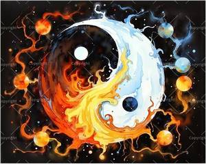 lot 11580 image: Paint by Numbers Kit for Adults Yin Yang Fire and Water Planets on Canvas