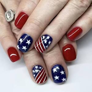lot 11620 image: 24pcs 4th of July Press-On Nails, Short Square American Flag with Glitter