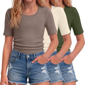lot 11634 image: 3 Pack Girls Ribbed T-Shirts  Scoop Neck, Slim Fit, Soft Stretch 13-14 years