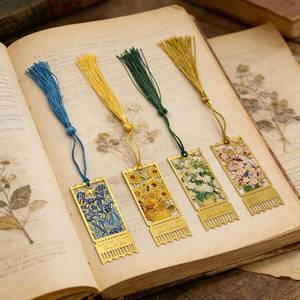 lot 11636 image: 4 Pack Metal Bookmarks with Tassel - Oil Painting Style Reading Page Markers