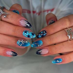 lot 11652 image: 24Pcs 3D Silver Star Press-On Nails, Almond Deep Blue French Tip, Rhinestones
