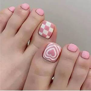 lot 11706 image: Pink Press-On Toenails Short Square White Heart & Chessboard Design, Glue-On