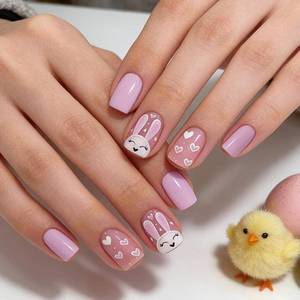 lot 11710 image: FVLAYA Easter Press-On Nails Pink Short Square   Bunny Design Full Cover 24pc